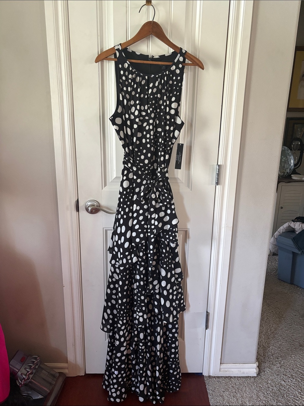 Tahari Black and White Polka Dot Tiered Maxi Dress - Picture 2 of 4